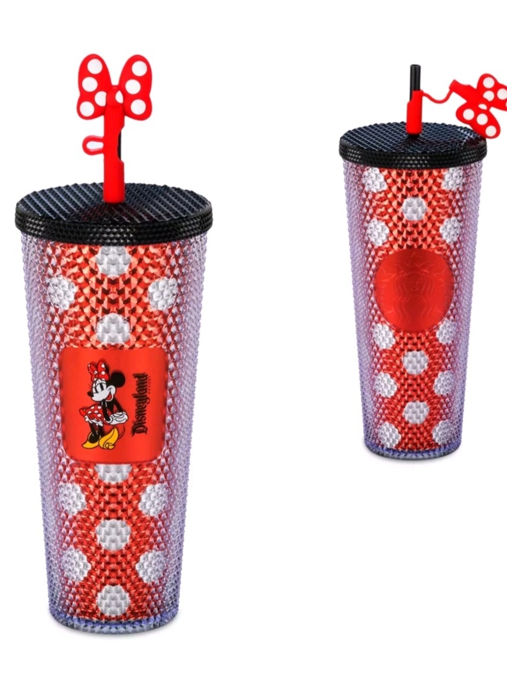 Disney Minnie Mouse Red White Studded Tumbler with Black Lid and Red Bow Straw